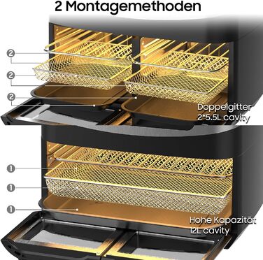 Фритюрниця повітряна подвійна 12л з подвійними камерами, LED-дисплеєм та вікном, 10 програм, функція сушки, 2600W