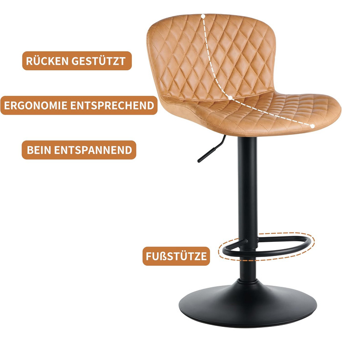 JaHECOME Faux Leather Bar Stools Set - Adjustable Height, 360° Swivel Bar Chairs with Backrest & Padded Seat for Bar, Kitchen, Bistro, Counter, Dining Room & Cafe (Set of 4, Brown PU Leather)