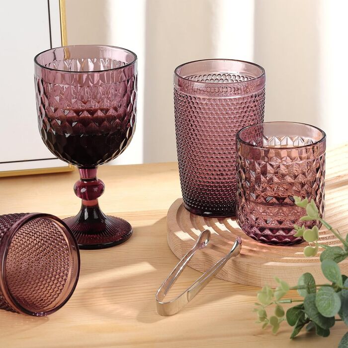 Joeyan 350ml Violet Vintage Wine Glasses with Diamond Embossed Design, Colorful Goblet Glasses Wine Goblet Set for Wine Juice Drinks, Set of 4 Retro Glasses with Stem, Dishwasher Safe