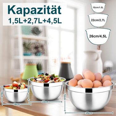 Набір мисок Joyfair, 3 шт. з нержавіючої сталі з кришками, 4.5L/2.7L/1.5L, для змішування, сервірування та приготування, миюча посудомийна машина