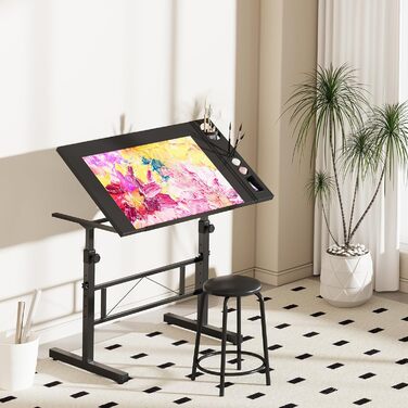 Adjustable Drafting Table with Tilting Surface (0-60°) - Height Adjustable Art Table with Stool and Storage for Home & Office - Black Wood Finish