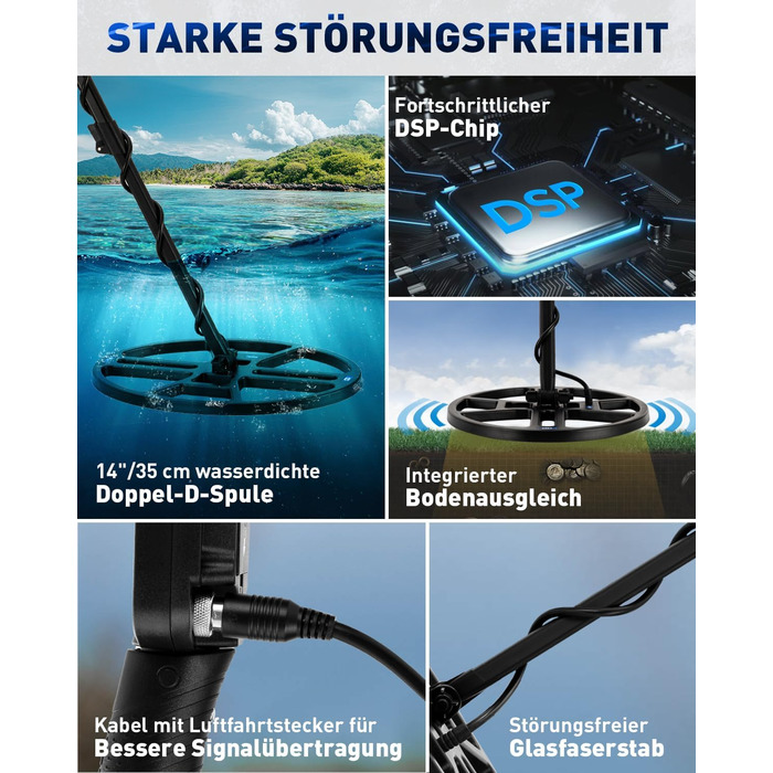 Професійний металошукач Metalldetektor Professional з водонепроникною DD-котушкою 14'' та широким діапазоном сканування, з функцією Pinpoint, глибиною виявлення 33 см, 4 режими, для дорослих, синій