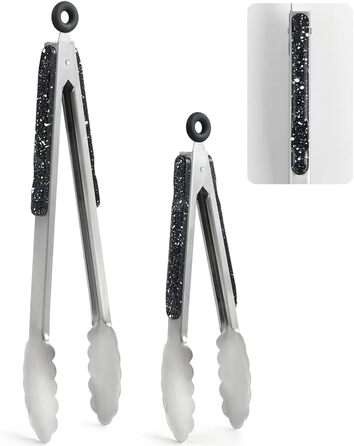 Stainless Steel Kitchen Tongs, 22.9 cm and 30.5 cm, 2 Pieces, Sturdy Grill Tongs with Brushed Closure, Food Tongs with Ergonomic Handle, Black