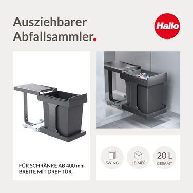 Hailo Solo Automatic Waste Bin - 20 Liter, Anthracit - Cabinet Mount, Drawer Pull-Out Waste Container