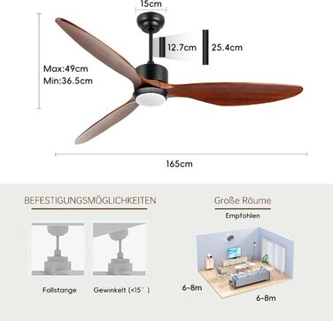 Стеляний вентилятор Ovlaim з підсвічуванням та пультом керування, тихий DC мотор, 3 лопаті, Smart, для вітальні/спальні, натуральний & срібний (колір: коричневий, діаметр: 165 см)