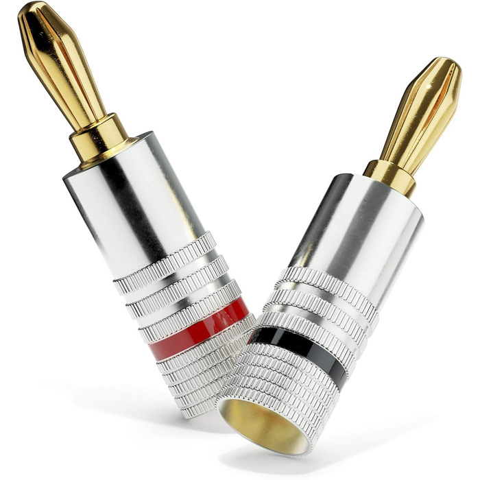 Бананові конектори Sonero® для акустичних кабелів до 6 мм², 4 шт. з кольоровим кодуванням (12x червоний, 12x чорний), 24K позолота (8 шт., High-End, Single)