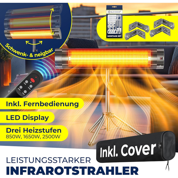 Інфрачервовий обігрівач KESSER® 2500W з пультком та захисним чохлом, телескопічна стійка, для тераси та вітальні