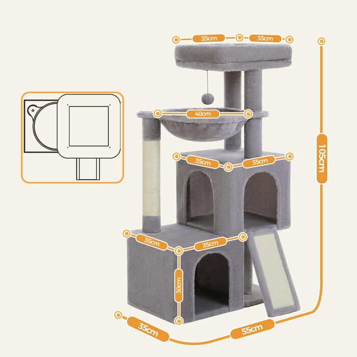 Дерев'яний будиночок для котів PETEPELA 104 см з гамаком, лежаком та когтеточкою (сірий)