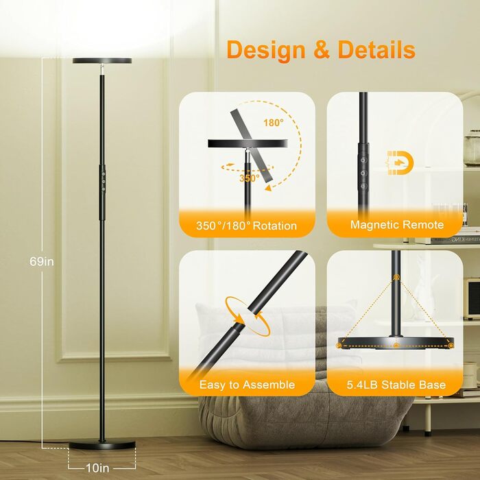 LED торшер, 42W, 16 мільйонів кольорів RGBCW, WiFi, керування через Alexa/Google Home, синхронізація з музикою, регульована яскравість, двосторонній, для вітальні та спальні (RGB-36W)