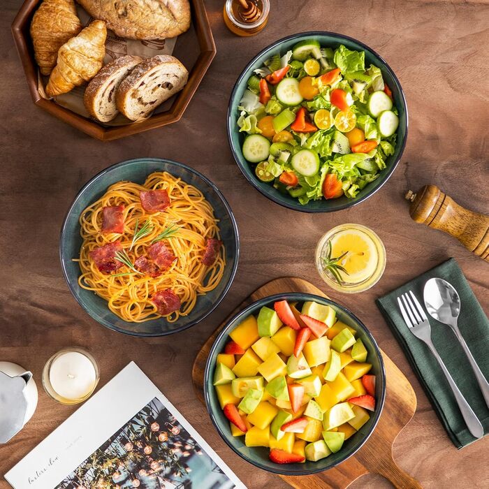 Набір тарілок для супу Vancasso Bonbon (6 шт.), супові миски з кераміки, 21,7 x 5,5 см, великі глибокі тарілки для пасти, локшини, рамен, салату, придатні для миття в посудомийній машині та використання в мікрохвильовій печі (зелені)