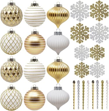 Набір новорічних прикрас SLEETLY 28 шт. Біле золото: кулі, льодинки, сніжинки для ялинки