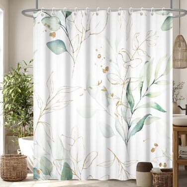 Штора для душу 180x220 см, Евкаліпт, зелені листя, анти-грибок, акварель, рослини, водонепроникна, поліестер, з гачками для ванної кімнати