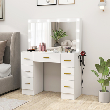 HOMCOM Vanity Table with Mirror and 12 LED Lights - Dressing Table with 7 Drawers, 6 Hidden Storage Compartments, Particleboard, White