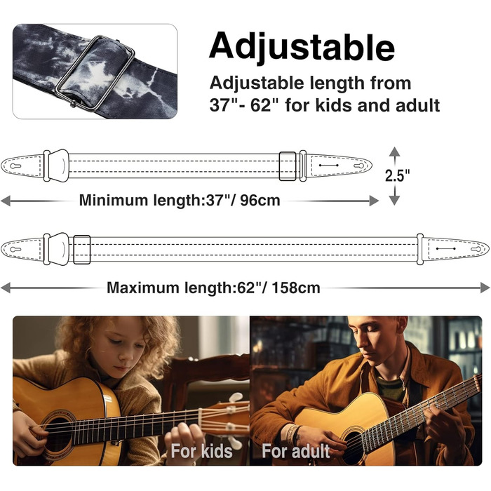 Гітарний ремінь LEKATO, смугастий, 6.7 см, з регулюванням, з шкіри, з кишенькою для медіатора та 6 медіаторів/фіксаторами ремінця - для бас-гітари, електро- та акустичної гітари (Колір: Nebel)