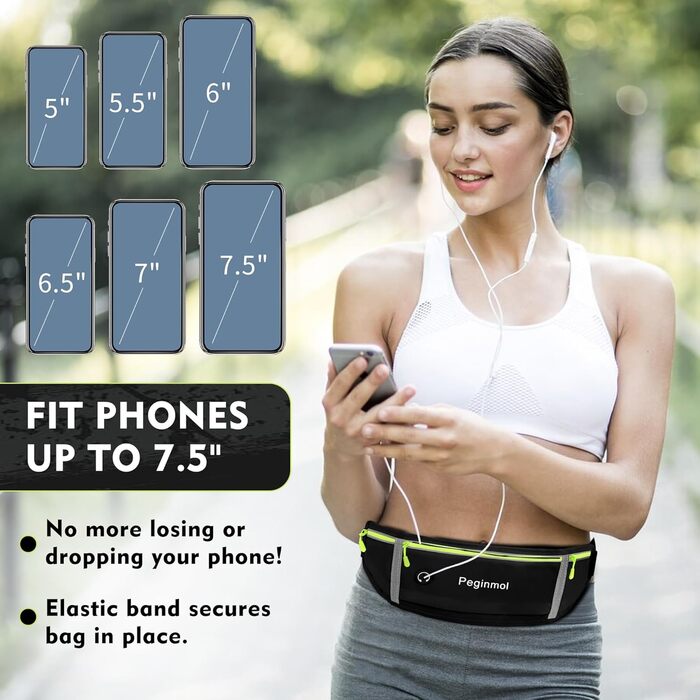Пояс для телефону, бігова сумка, водонепроникний пояс для бігу, пояс на пояс для жінок та чоловіків з 3 кишенями, велика ємність, регульований біговий пояс (Чорний + Зелений)