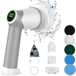 Electric Cleaning Brush, Cleaning Brush with 6 Interchangeable Cleaning Heads, Spin Scrubber 2 Speeds, Scrubber for Bathroom, Tile Floor and Car, LED Display (Gray)