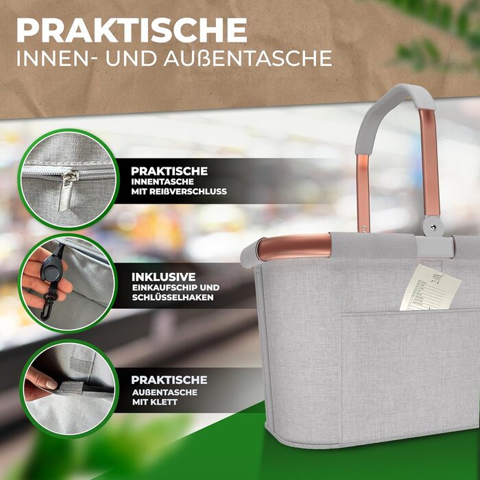 Великий стабільний кошик для покупок | Кошик для перенесення з ручками та посиленим дном, передня кишеня та внутрішня кишеня на блискавці | Ідеально як сумка для покупок, кошик для пікніка або шопер (Світло-сірий Рожевий)