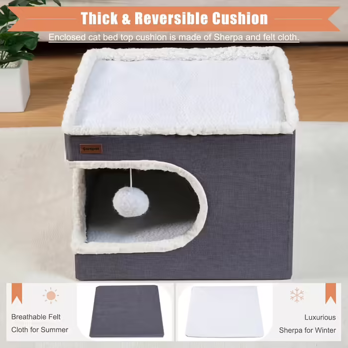 Indoor cat bed, cat cave and furniture with scratching pad and hideaway tent, cute, modern cat house for multiple small pets, large kittens, kittens, dark grey