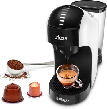Ufesa Bellagio 3-in-1 Multi-Capsule Coffee Machine for Nespresso Original Capsule, Dolce Gusto, or Ground Coffee, Digital Touch Panel with 7 Levels, 1 L Water Tank, 1400 W, 15 Bar Pressure, Compact