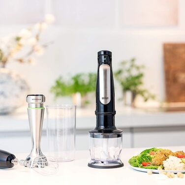 Блендер Braun MultiQuick 7 MQ 7025X, 3-в-1, 1000 Вт, подрібнювач 350 мл, вінчик, плавне регулювання швидкості, чорний, модель 2019, 3 насадки