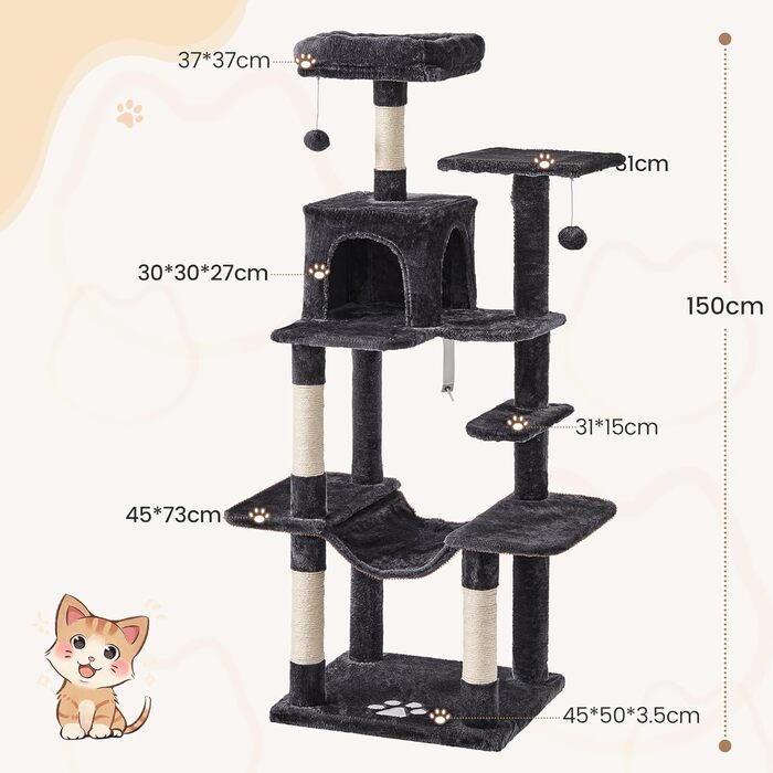 Кігтеточка для котів MSmask велика, багатоповерхова з платформами, печерами та гамаком, обтягнута сизалем (темно-сіра)