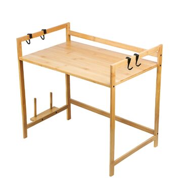 Поличка для мікрохвильової печі 3-рівнева, органайзер з гачками, розширювана, висувна (40-64см), з вуглецевої сталі (2 яруси, бамбук, 55x35x42см)