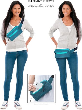 Сумка на пояс для чоловіків та жінок. Велика сумка через плече/на груди, спортивна, для подорожей. Елемент декору - слон. Кольори: зелено-бірюзовий, petrol. Модель 13027