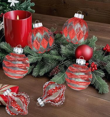 Набір ялинкових прикрас 30 шт. 6см, пластикові кулі, темно-синій та білий, ялинкові кулі для декору, набір прикрас для ялинки, 30 шт. (12 шт. 8см, прозорі та червоні)