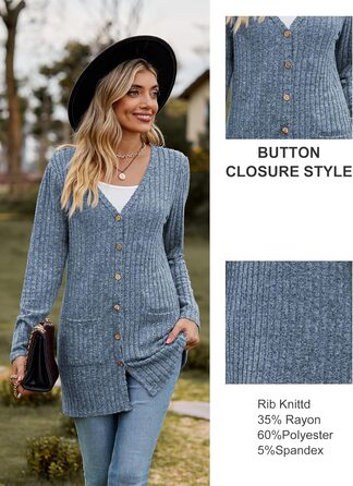 Кардиган жіночий з довгим рукавом, відкритий спереду, на ґудзиках, V-подібний виріз, легкий, з кишенями, XXL, блакитний