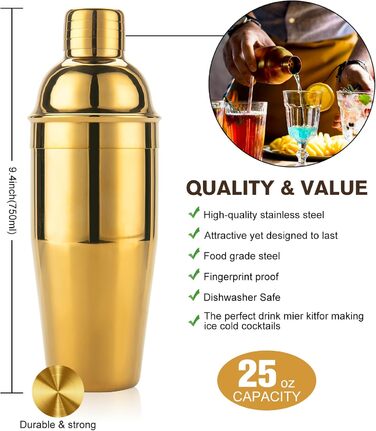 Набір шейкерів для коктейлів KINGROW 29 предметів: професійний барний аксесуар для дому, вечірок та барів | Золотий барний набір з усіма необхідними інструментами для приготування коктейлів