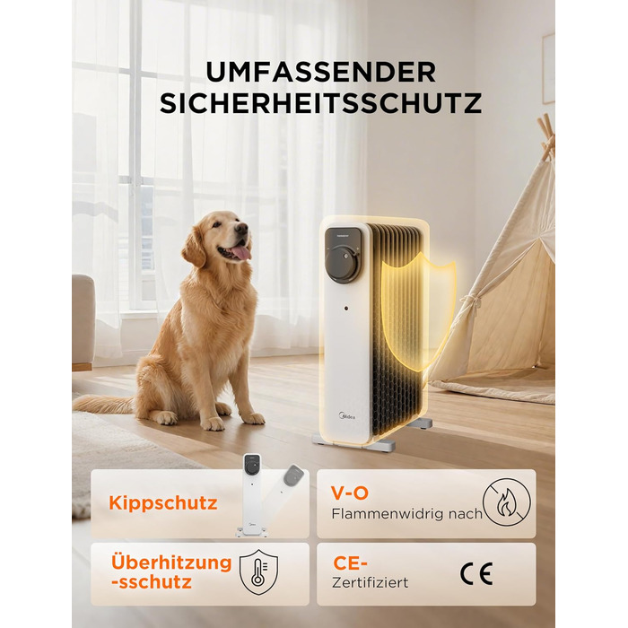 Електричний масляний радіатор Midea 2000W з 11 ребрами, 3 режими нагріву, термостат, захист від перекидання та перегріву, тихий, для дому та офісу