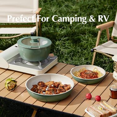 Набір посуду Redchef з 16 частин з керамічного покриття, антипригарний, для кухні, знімні ручки, без PFAS, PFOA та PTFE, для кемпінгу, можна використовувати в духовці, зелений