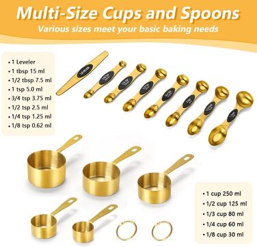 Набір мірних стаканів та ложок Cuteefun Gold, 13 предметів: 5 стаканів, 8 магнітних ложок, нержавіюча сталь для вимірювання сухих та рідких інгредієнтів для випічки та приготування їжі