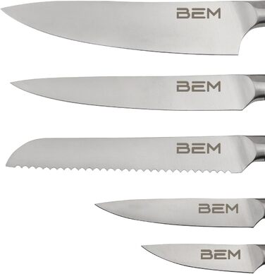 Набір кухонних ножів BEM Master Chef 6 шт. з підставкою: кухонний ніж, ніж для овочів, ніж для нарізки, універсальний ніж, ніж для хліба; шліфувальник, нержавіюча сталь
