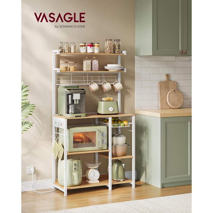 Полиця кухонна VASAGLE з розетками, стелаж для мікрохвильовки, 8 гачків S-подібної форми, кухонний шафчик, органайзер для спецій, 40 x 90 x 165,5 см, коричневий вінтаж та чорний, KKS031K11