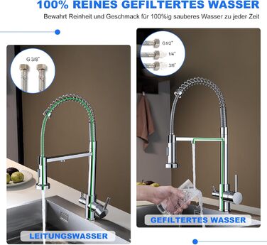 3-х шляхова кухонна змішувач з поворотним виливом 360°, 2 функції (душ, аератор), 3-в-1, з фільтром, з міді та нержавіючої сталі, з гнучкою насадкою для душу, хром