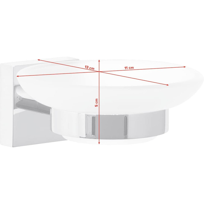 tesa EKKRO Soap Dish with Wall Holder, Satin Glass and Chrome-Plated Stainless Steel - for wall mounting without drilling, incl. adhesive solution - 110mm x 51mm x 131mm