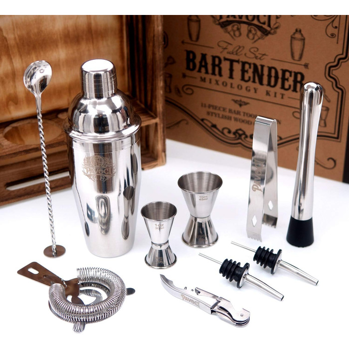 Набір для приготування коктейлів PAVOCI: 11 предметів, шейкер, барменський інструмент з нержавіючої сталі, дерев'яний підставник, аксесуари. Ідеально для дому, бару, професійного використання