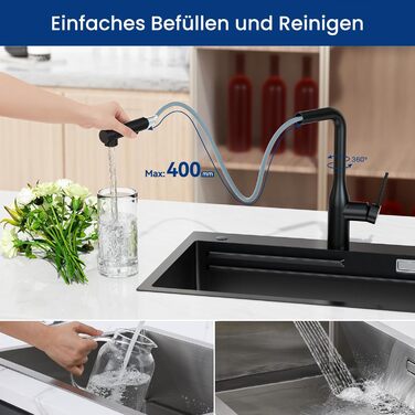 Кухонний змішувач CECIPA висувний, чорний, 360° поворот, міцний, без витоків, легка установка, з витяжною насадкою, матовий чорний