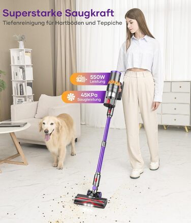 CHEBIO 45000Pa/550W/70Min Cordless Vacuum Cleaner, Battery-Powered Vacuum with Automatic Suction Setting, Vacuum with Anti-Tangle Brush & LED Display for Carpets, Hard Floors, and Pet Hair