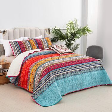 WONGS BEDDING Quilt Set 220x240 Bedspread Bohemian Throw Blanket Stepped Quilt 3-Piece Double Bed Quilted Bedspread Microfiber Living Room Blanket with 2 Pillowcases 50x70 for Bedroom as Sofa Throw (Bohemian)