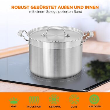 NutriChef Каструля з нержавіючої сталі 8 л 18/8 – Великий суповий та жаровий горщик з кришкою, підходить для індукції, кераміки, галогенових плит, для супів та рагу, харчова сталь, можна мити в посудомийці