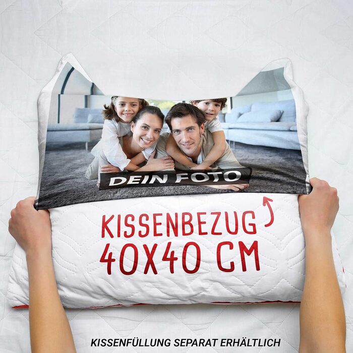 PR Print Royal Photo Cushion Cover - Design Your Own with Your Photo - One-Sided Printing - Personalized Photo Gift for Friends and Family - 40 x 40 cm, Backside Light Blue Patterned | Personalized
