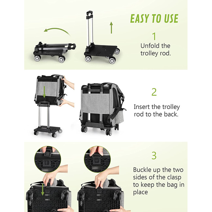 Pecute Rolling Backpack for Dogs and Cats, Dog Trolley Cat Carrier with Mesh Window, Foldable Travel Bag, Lightweight Dog Stroller, Grey