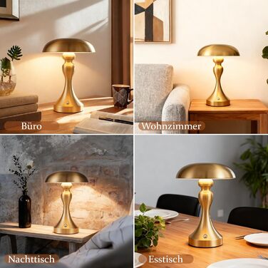 Бездротова настільна лампа з LED-підсвічуванням - торшер на акумуляторі, сенсорне керування, регулювання яскравості, вінтажний дизайн, USB-зарядка, нічник для спальні/вітальні, золото/бронза