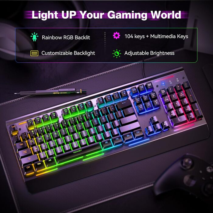 TECKNET RGB ігрова клавіатура для ПК, мембранна, 105 клавіш, повнорозмірна металева панель, підставка для зап'ястя, 15 зон RGB підсвічування, 25 антиблінгувальних клавіш, QWERTY (американська)