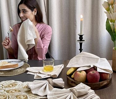 Linen-cotton-flax fabric napkin with hem, 50x50 cm, natural, wedding napkins, cocktail napkins, cloth napkins, cotton napkins, machine-washable napkins, 12 pieces