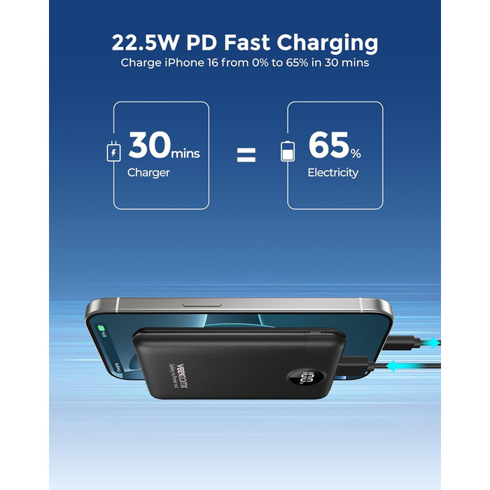 Power Bank VEEKTOMX 10000mAh: Компактний повербанк 22,5W з PD 3.0 та QC 3.0, USB-C, для iPhone/Samsung/Huawei/Xiaomi/AirPods/iPad, чорний
