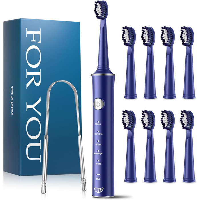 Електрична звукова зубна щітка JTF з очищувачем язика, 8 насадок, 5 режимів, Smart Memory, таймер 2 хв, IPX7, бездротова зарядка, для дорослих (блакитна) + очищувач язика