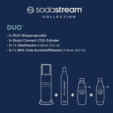 SodaStream Duo: Газова вода вдома. Комплект з CO2 балончиком, 2 скляні та 2 пластикові пляшки, білий, 44 см. Сімейний набір